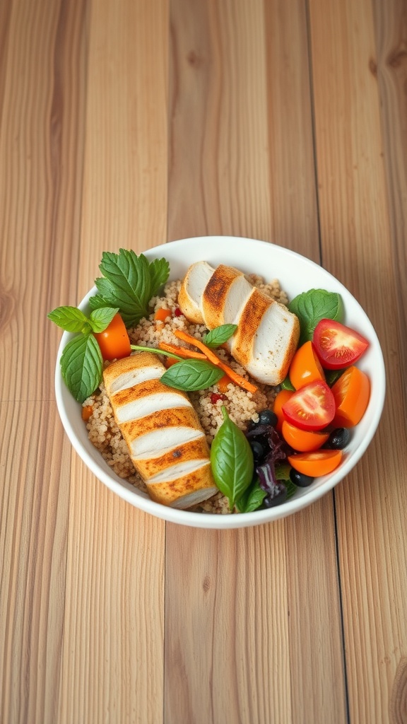 A bowl filled with grilled chicken, couscous, cherry tomatoes, bell peppers, and fresh basil on a wooden surface.