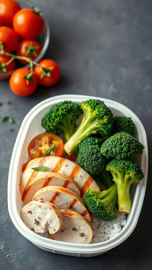 A bento box filled with grilled chicken, broccoli, and cherry tomatoes, showcasing a balanced meal prep option.