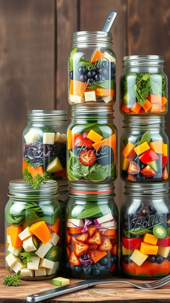 Colorful salads in jars with various vegetables and toppings