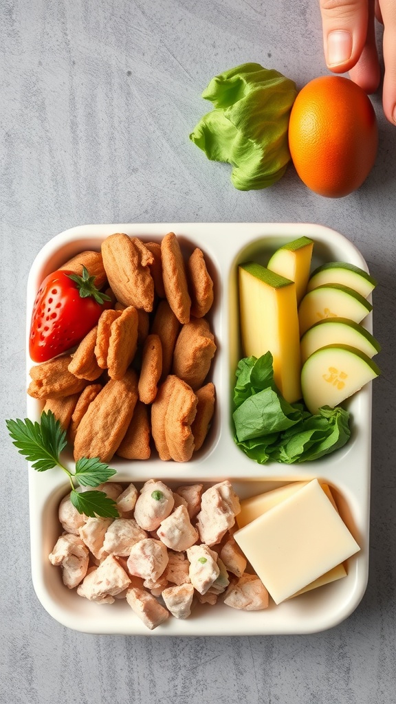A colorful meal prep container with a variety of healthy foods including vegetables, snacks, and an egg.