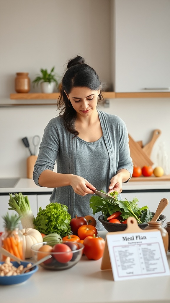 A woman preparing fresh vegetables in a kitchen with a meal plan visible.