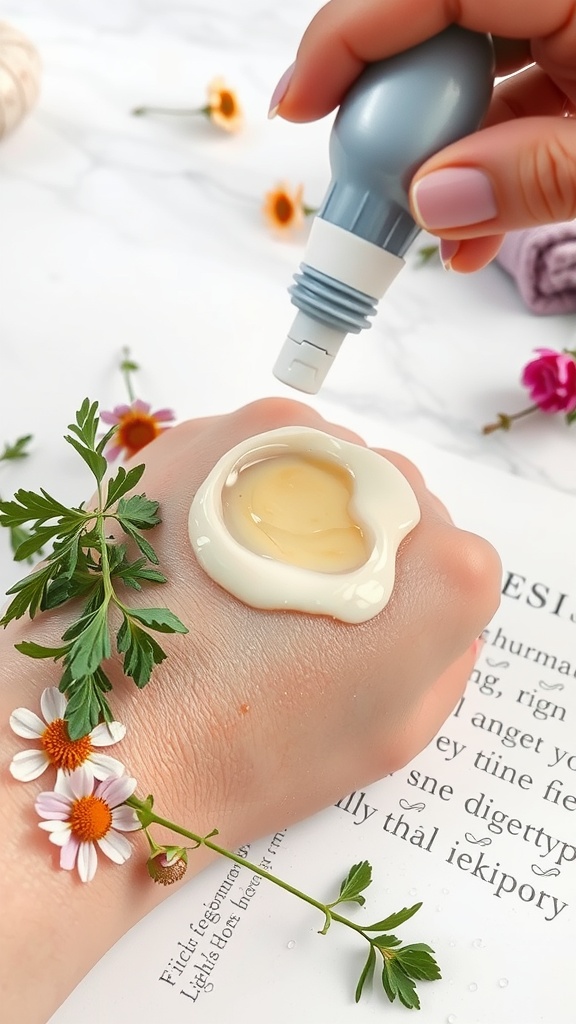 A hand applying lightweight moisturizer with flowers in the background