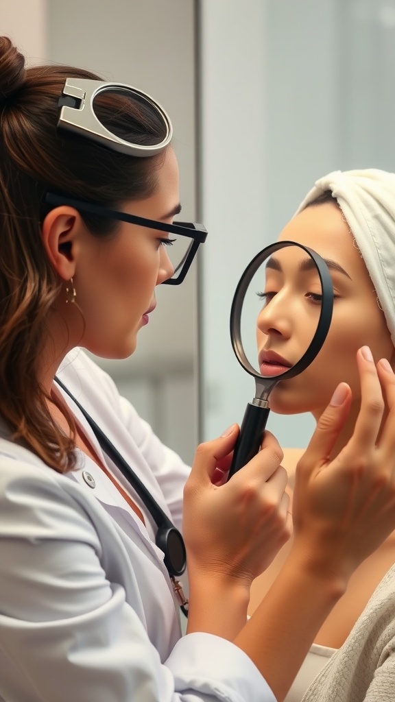 A skincare professional examining a client's face with a magnifying glass.