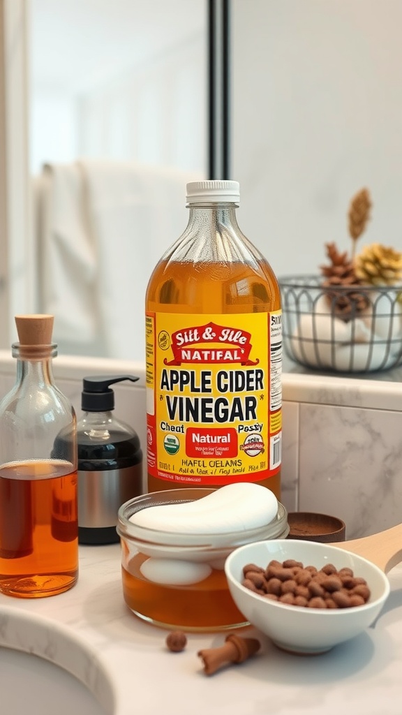 An aesthetic bathroom setup featuring apple cider vinegar and natural skincare products.