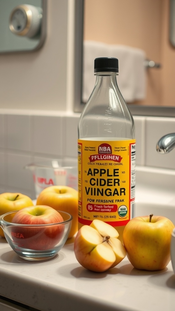 A bottle of apple cider vinegar next to fresh apples on a bathroom countertop.