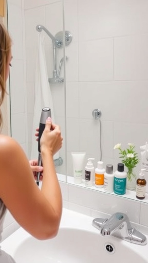 A person preparing to use toner in a bright bathroom, with various skincare products on the sink.