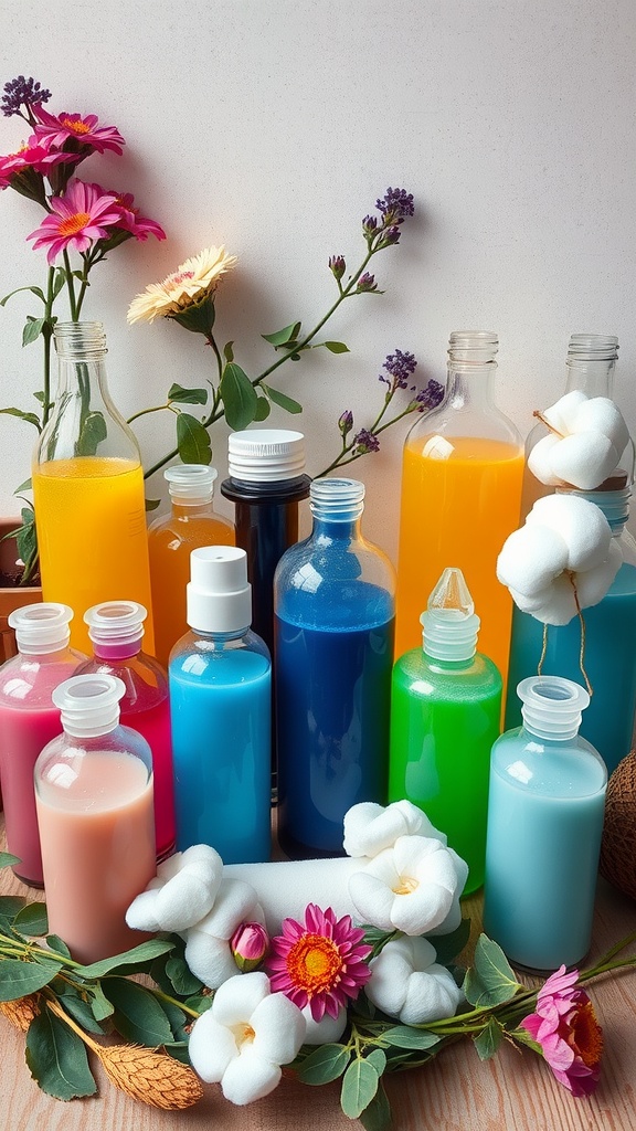 An assortment of colorful toner bottles surrounded by flowers and cotton.