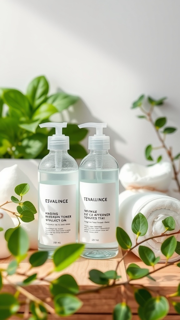 Two toner bottles on wooden surface surrounded by green plants and rolled towels