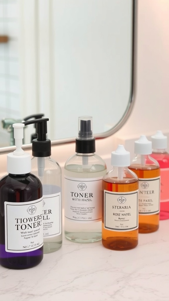 An assortment of toners displayed on a bathroom counter, including witch hazel and rose water options.