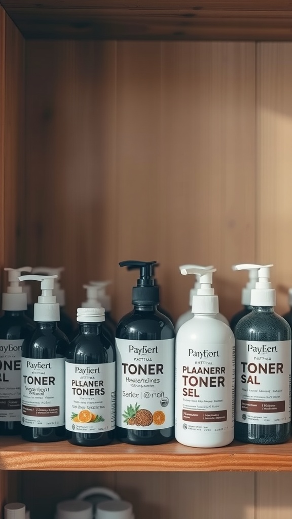 Various toner bottles arranged on a shelf