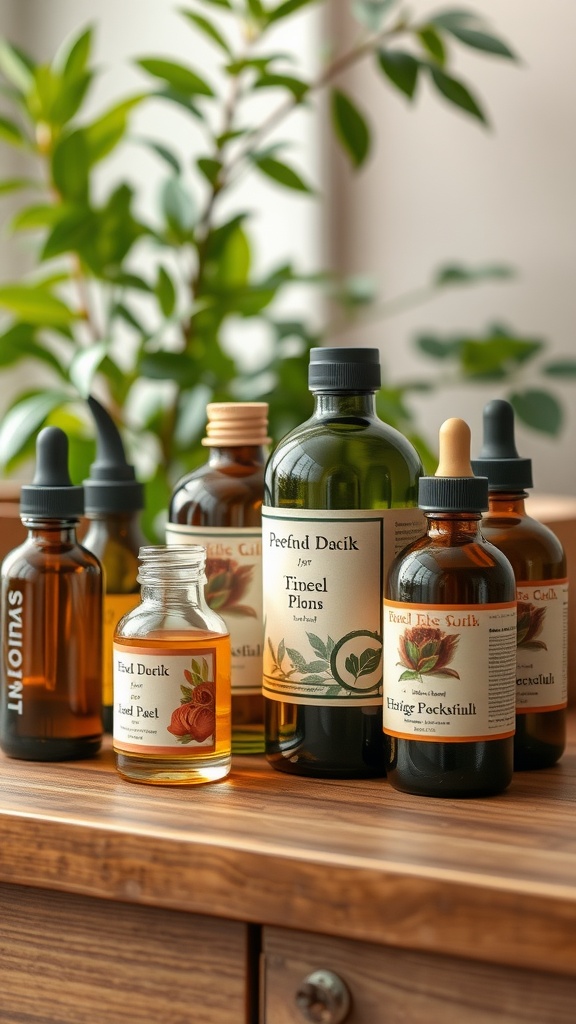 Various bottles of natural oils for skincare on a wooden surface with green plant leaves in the background.