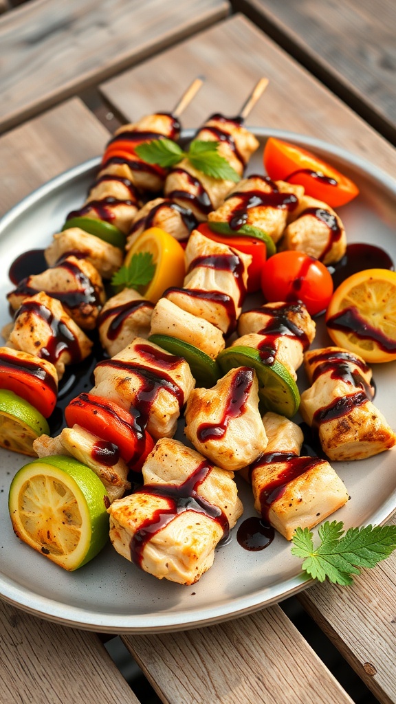 A plate of balsamic chicken and veggie skewers with colorful vegetables and a drizzle of balsamic glaze.