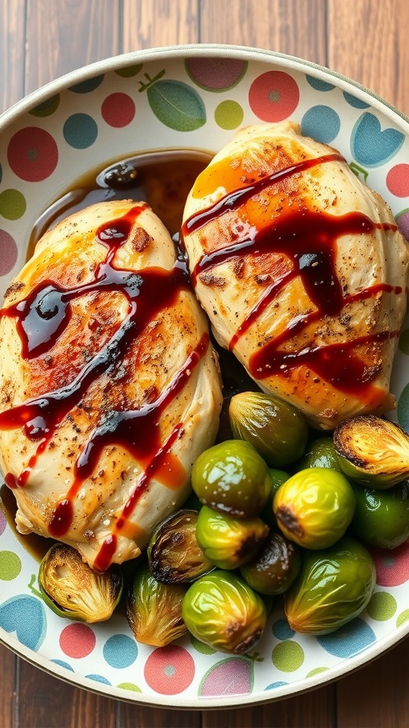 Balsamic chicken served with roasted Brussels sprouts.