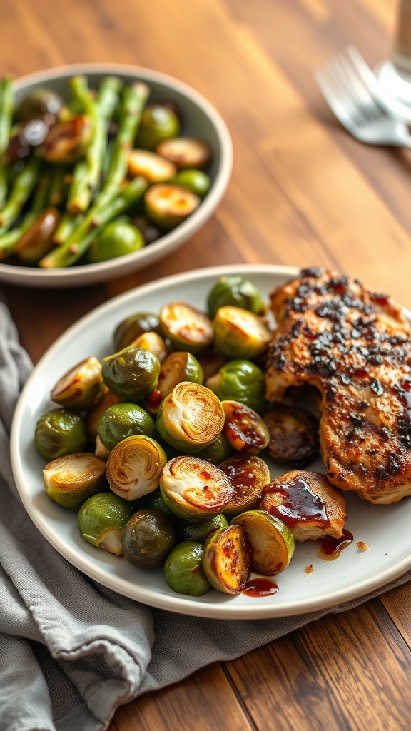 A plate of balsamic glazed Brussels sprouts and chicken, with a side of green asparagus.