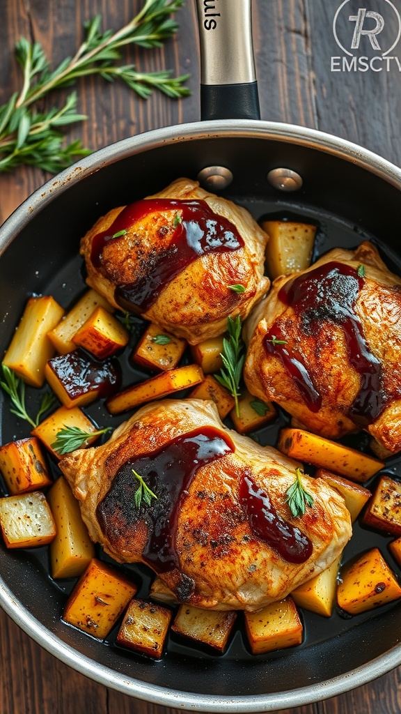 Balsamic glazed chicken thighs with roasted potatoes in a skillet