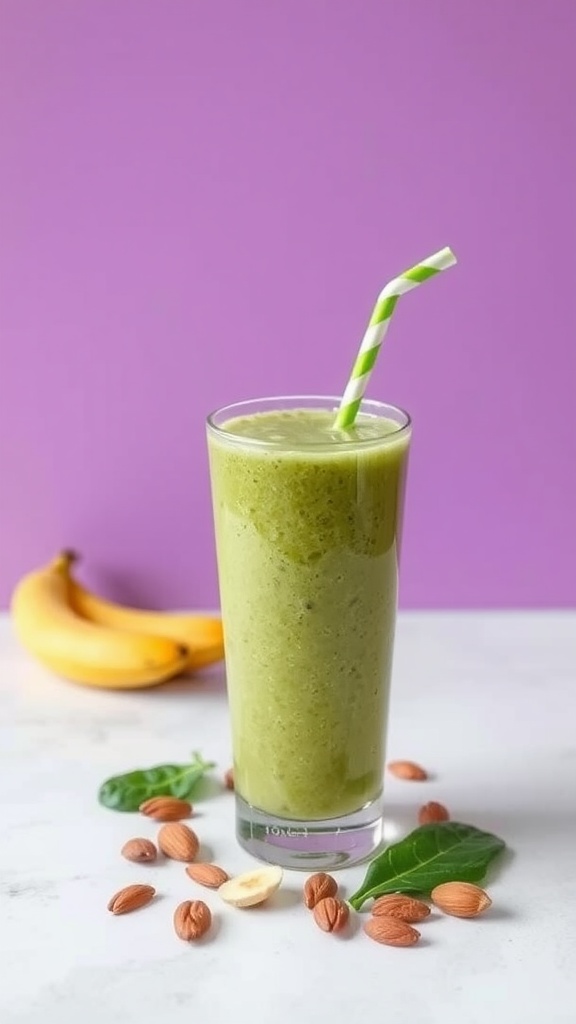 A refreshing green banana almond smoothie in a glass with a straw, surrounded by almonds and spinach.