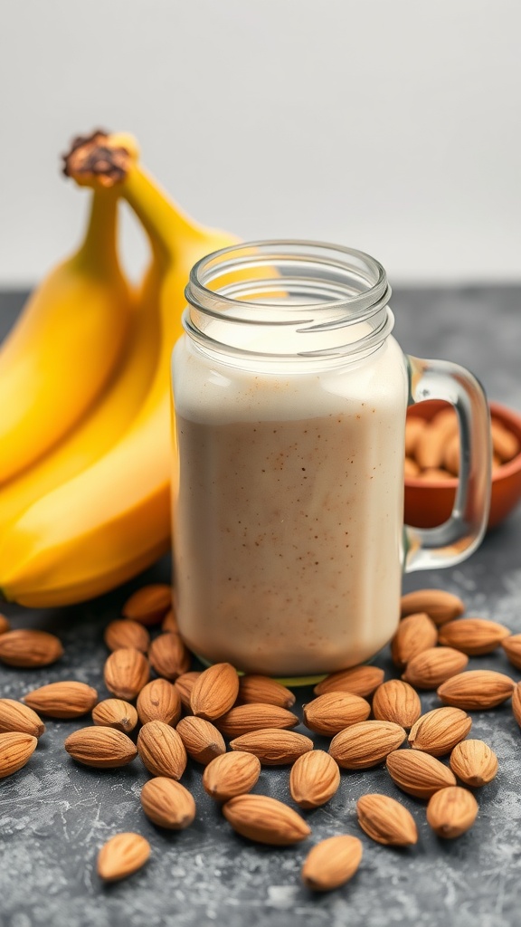 A banana almond smoothie in a glass jar surrounded by bananas and almonds