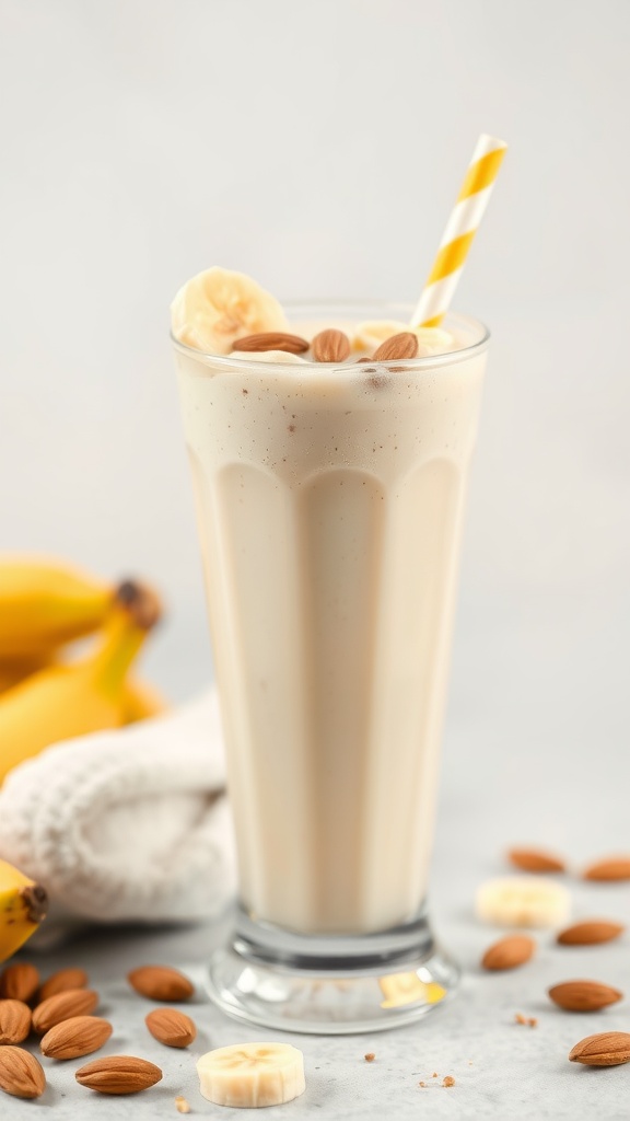 A delicious banana almond smoothie topped with almonds and banana slices.