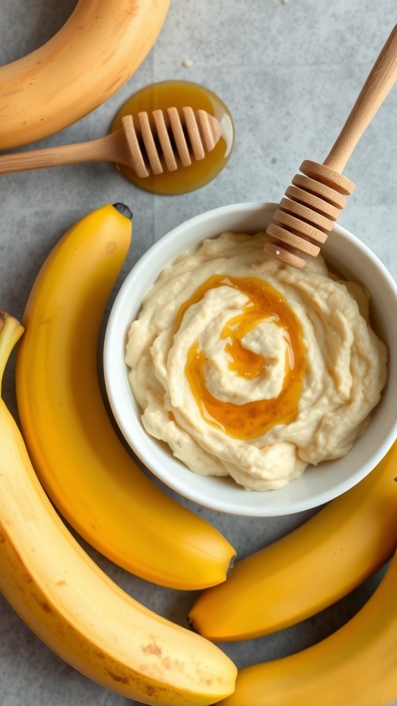 A bowl of banana and honey mask surrounded by fresh bananas and a honey dipper
