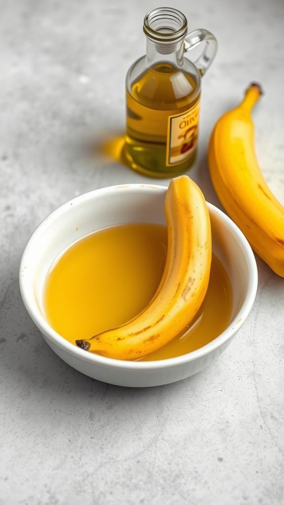 A bowl containing mashed banana and olive oil, with whole bananas beside it on a grey background.