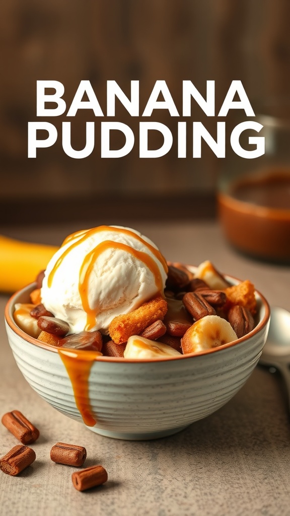 A delicious bowl of banana bread pudding topped with ice cream and caramel sauce.