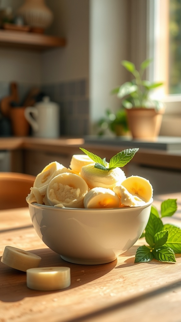 A bowl of homemade banana ice cream with mint leaves