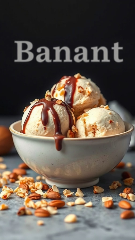 Delicious banana ice cream in a bowl topped with chocolate sauce and nuts.