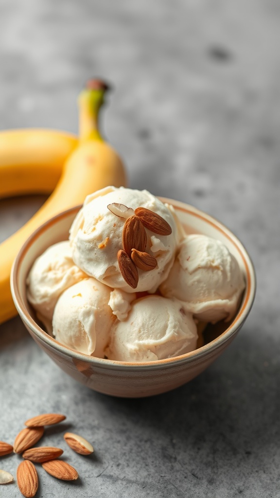 A bowl of banana ice cream garnished with almonds