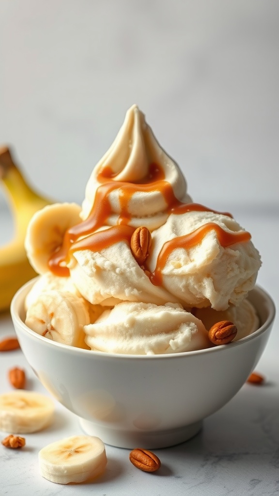 A bowl of banana ice cream with peanut butter swirl and banana slices