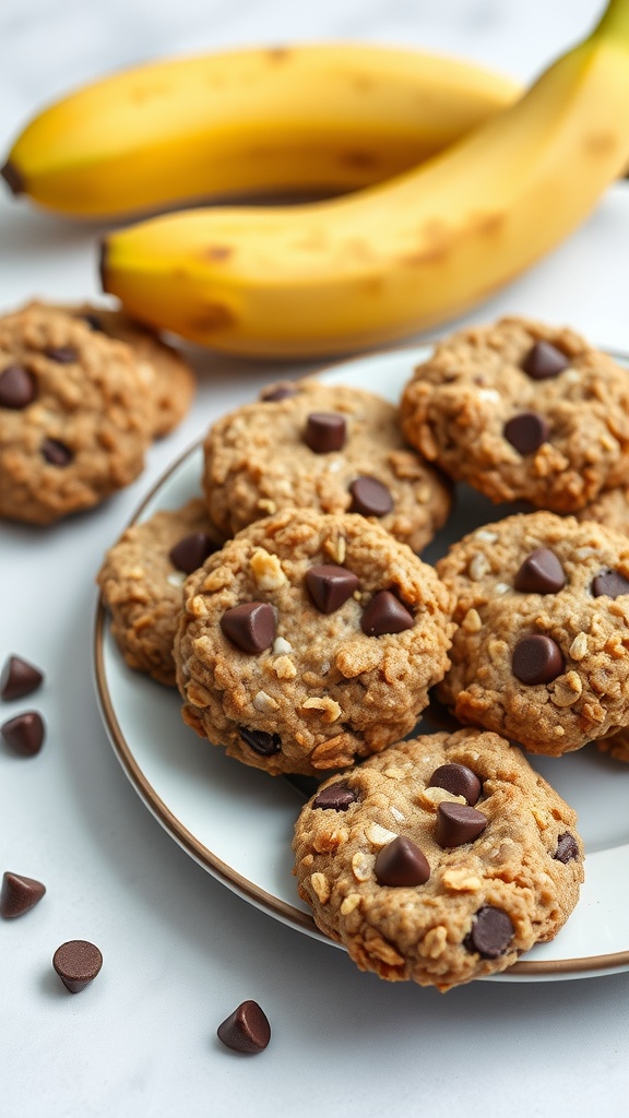 Delicious banana oatmeal cookies on a plate with chocolate chips