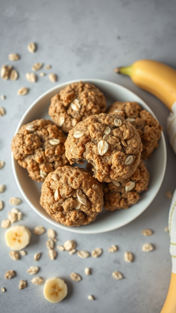 A plate of banana oatmeal cookies with oats and banana slices scattered around.