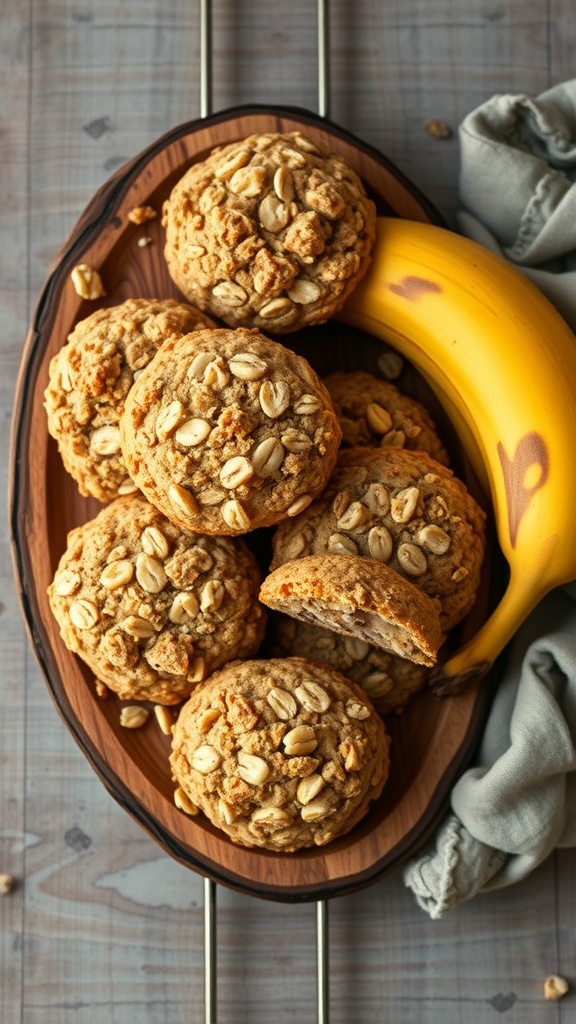 A delicious plate of banana oatmeal cookies next to a ripe banana.