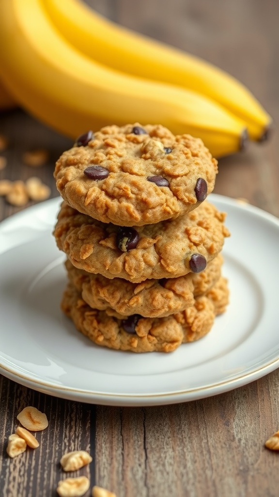 A plate of banana oatmeal cookies stacked with bananas in the background.