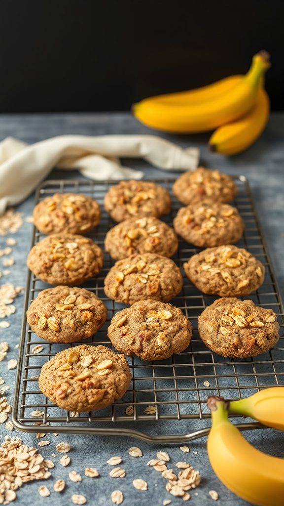 Delicious banana oatmeal cookies on a cooling rack with bananas in the background