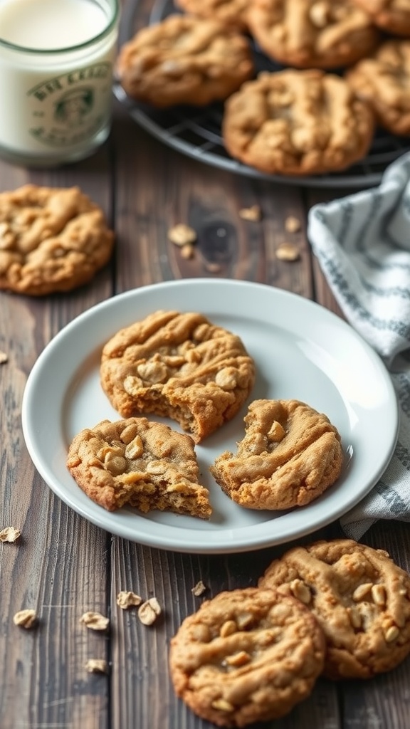Banana oatmeal cookies on a plate with a glass of milk
