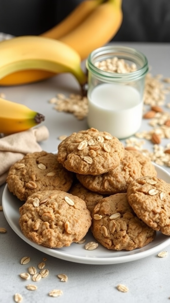 A plate of freshly baked banana oatmeal cookies with bananas and oats in the background.