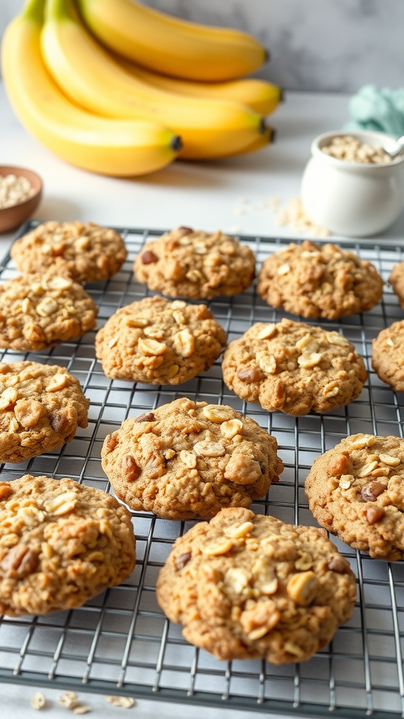 Banana oatmeal cookies on a wire rack with bananas in the background.