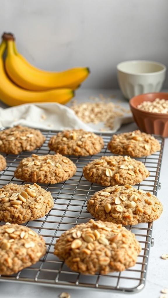 Delicious banana oatmeal cookies on a cooling rack with bananas and oats in the background.