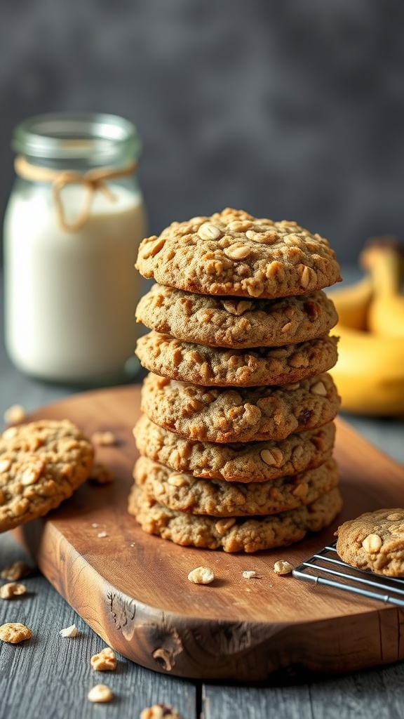 Stack of banana oatmeal cookies with a jar of milk and bananas in the background.