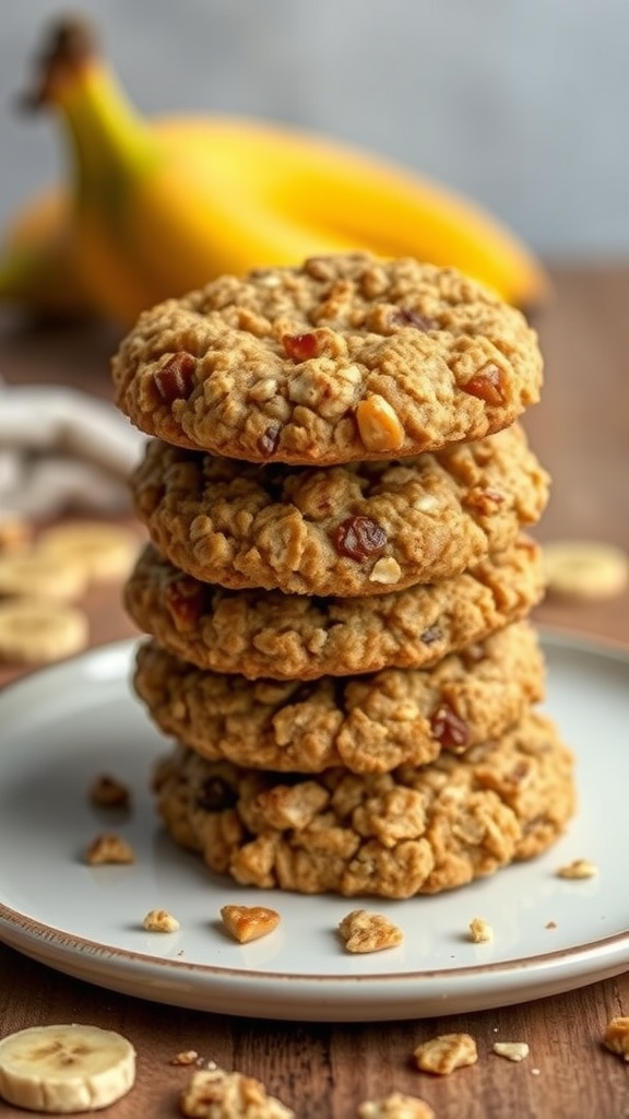 Delicious homemade banana oatmeal cookies stacked on a plate.