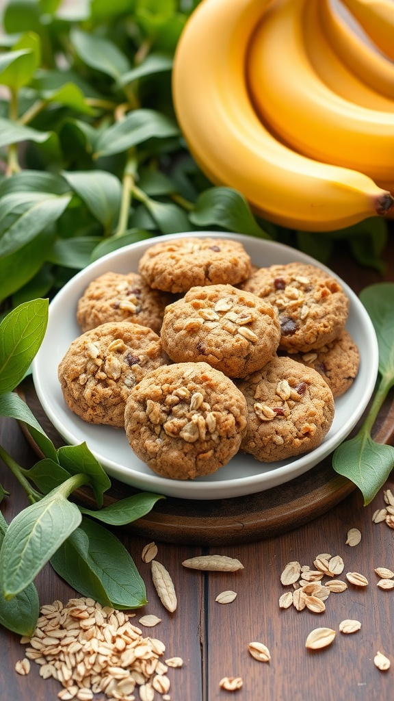A plate of homemade banana oatmeal cookies surrounded by bananas and oats.