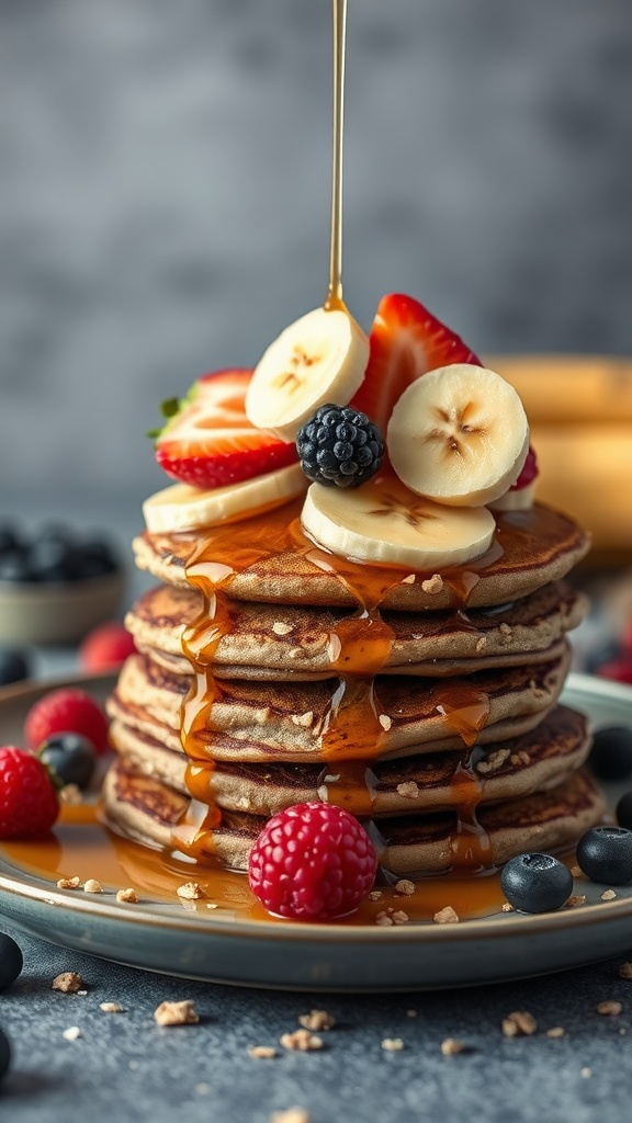 A stack of banana oatmeal pancakes topped with sliced bananas, strawberries, blueberries, and syrup.