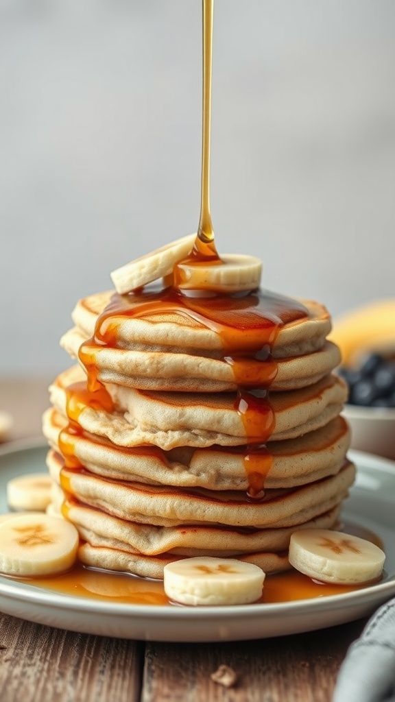 A stack of banana oatmeal pancakes with syrup and banana slices
