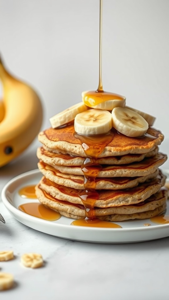 A stack of banana oatmeal pancakes topped with sliced bananas and syrup.