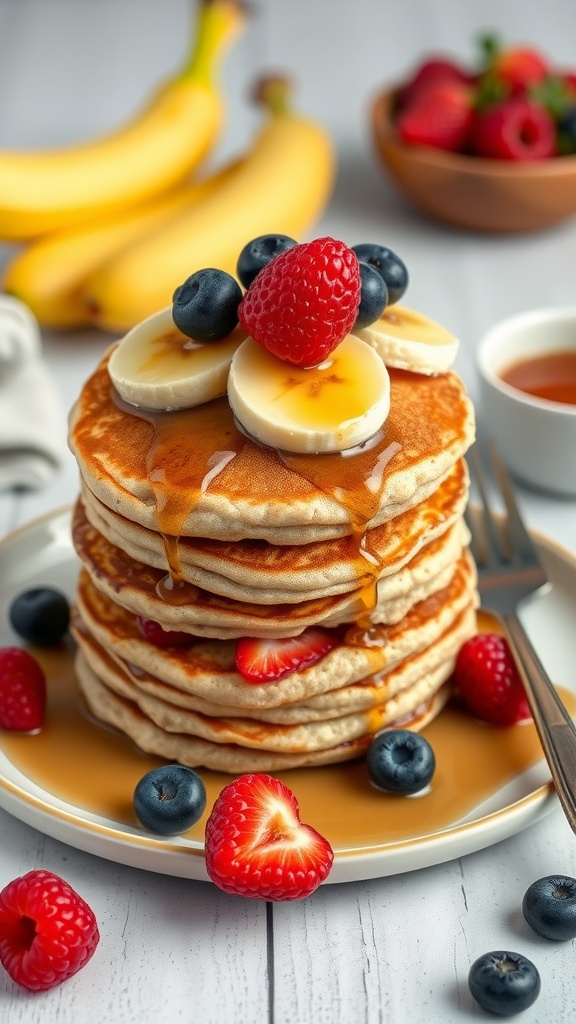 Delicious stack of banana oatmeal pancakes topped with fresh fruits and syrup.