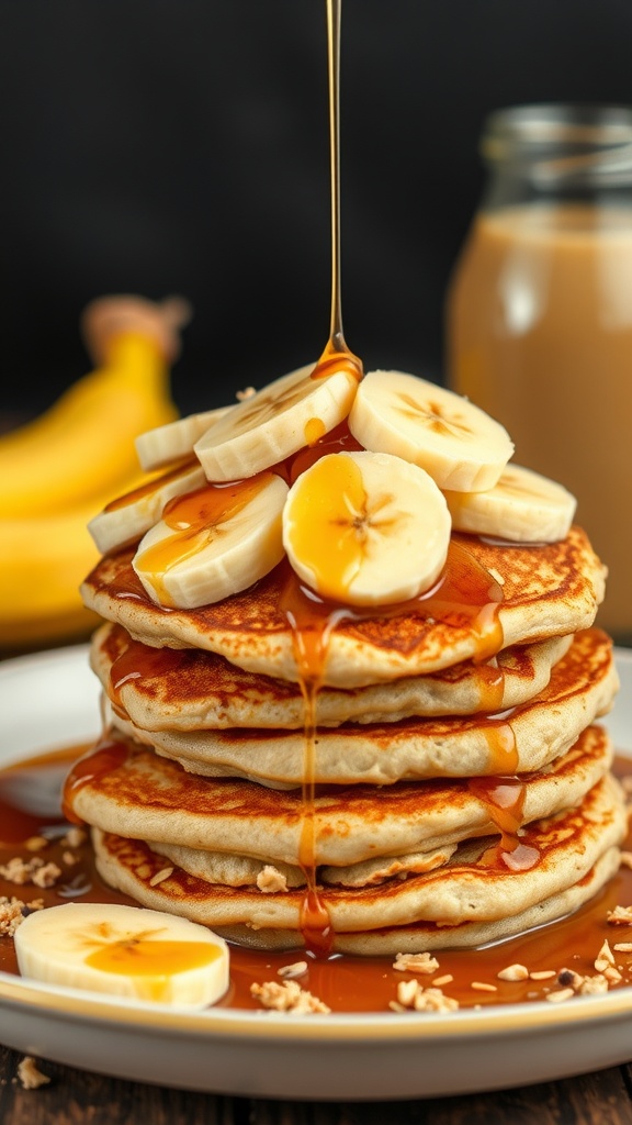 Delicious banana oatmeal pancakes stacked and drizzled with syrup