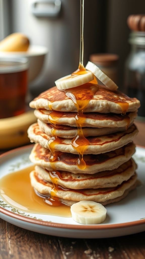 Stack of banana oatmeal pancakes with syrup