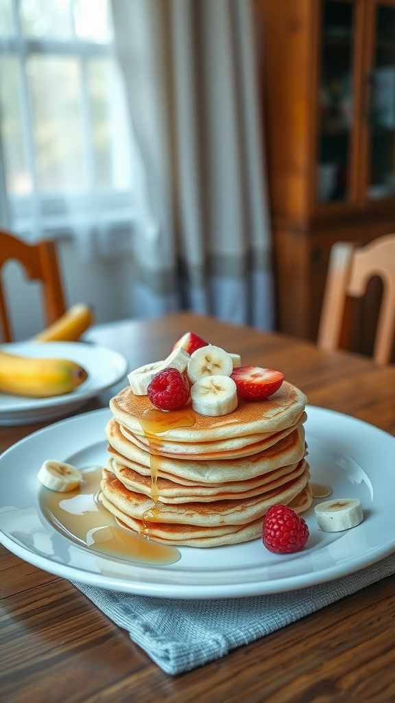 Stack of banana pancakes topped with sliced bananas and raspberries on a plate.