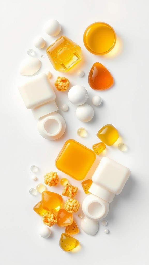 A collection of skincare ingredients in various shapes and colors, featuring creams and oils that suggest hydration and nourishment.