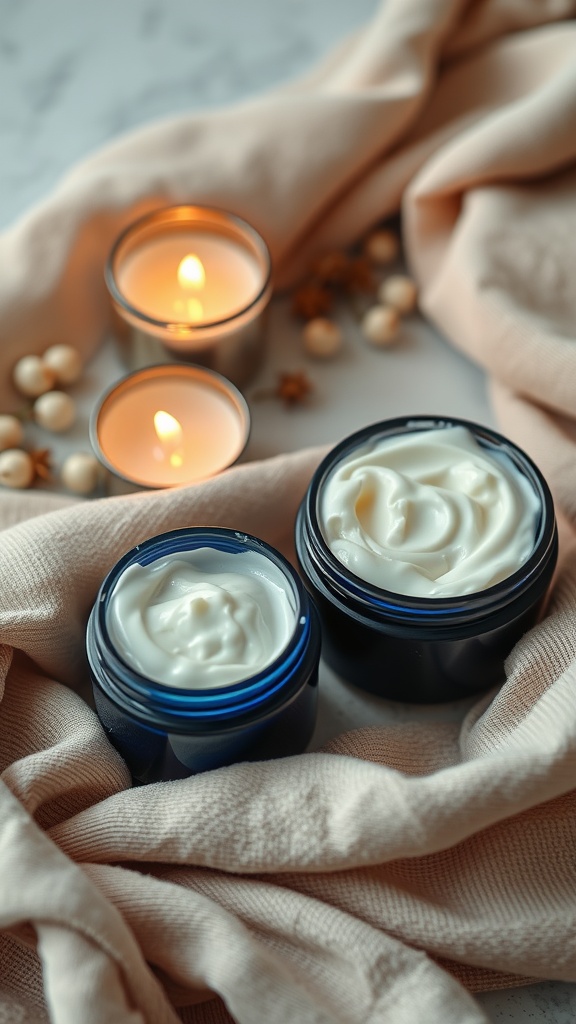 Two jars of moisturizer on a soft fabric with candles, creating a cozy skincare environment.